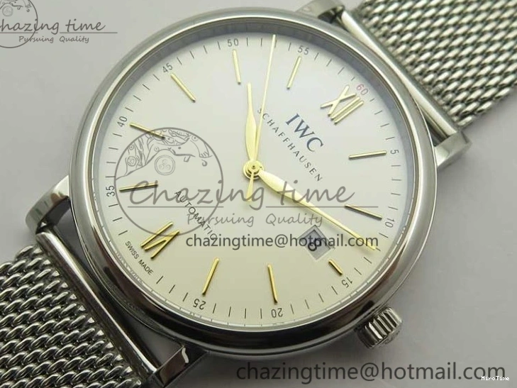 MIROTIME 0327 Breathable Portofino IW356501 SS V3 MK 1:1 Best Edition White Dial Gold Markers On SS Mesh Bracelet MIYOTA 7197